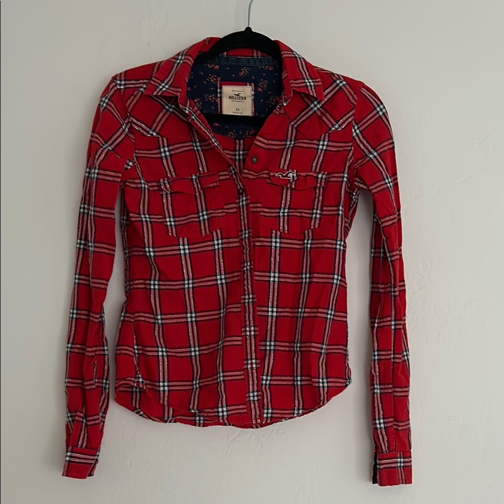 Hollister Red Plaid Women's Top and Old navy blue/ fuscia plaid top